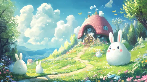 Whimsical meadow bunnies surround cozy mushroom cottage