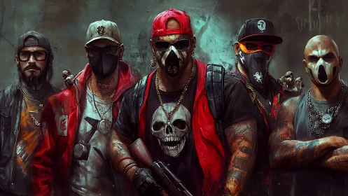Masked urban group in red and black streetwear formation.