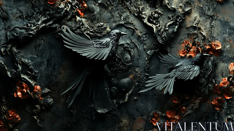 Obsidian ravens in sculpted decay over ember florals.