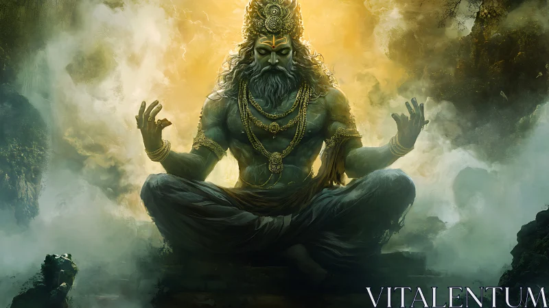 Divine sage in radiant meditation amid swirling mist.