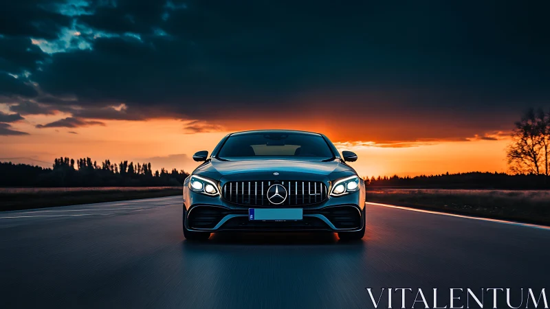 Sunset fire crowns a silver sedan sprinting into the horizon