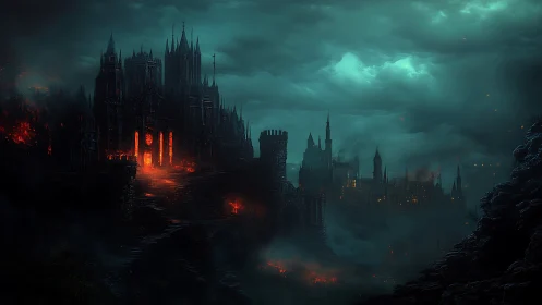 Dark gothic fortress city under storm clouds at night.