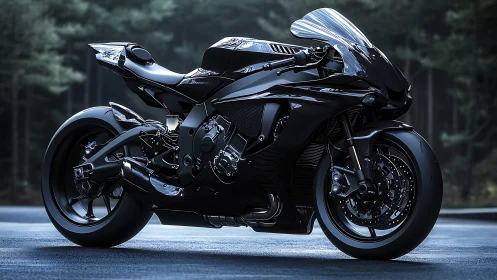 Carbon fiber superbike glows under moody forest light.