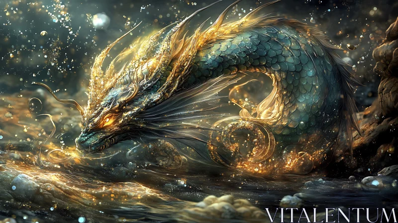 Glowing river dragon curled in swirling gold-lit waters.