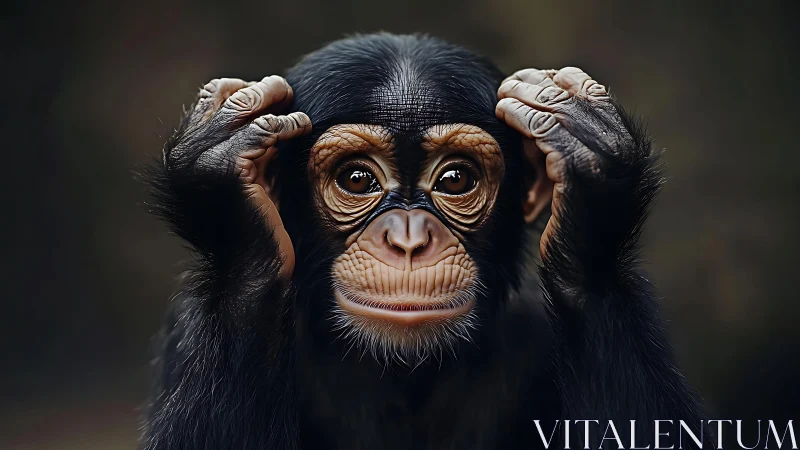 Wide-eyed baby chimp holds its curious thoughts in silence.