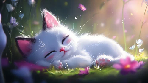 A Peaceful White Kitten Dreams Among Blooming Flowers