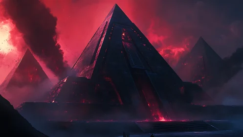 Volcanic-lit pyramidal megastructures in catastrophic ignition.