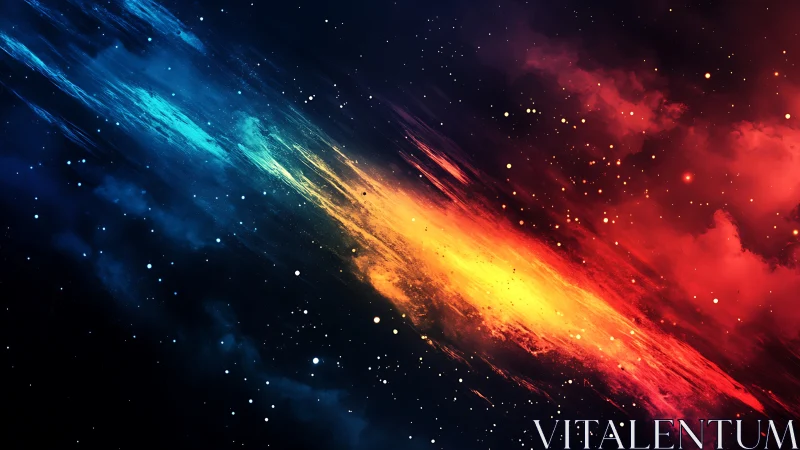 Diagonal multicolor nebula streak across deep starfield.