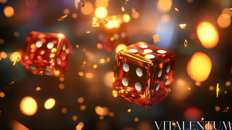 Vibrant red dice floating amid glowing bokeh lights, digital art style.
