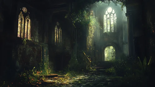 Sunlit ivy patiently reclaims a forgotten cathedral hall