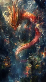 Ember-scaled sky serpent curls through a stormlit mythic city