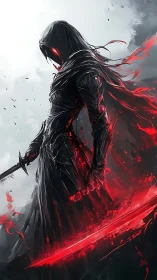 Hooded spectral swordsman channels red energy in dynamic motion
