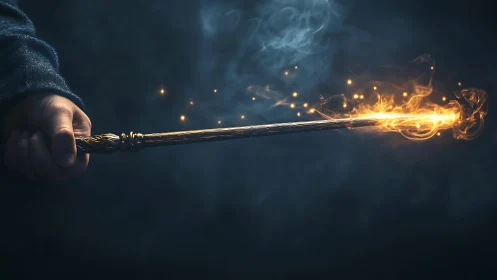 Hand holds ornate wand emitting controlled stream of fire