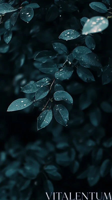 Dark teal leaves hold scattered water droplets after rainfall