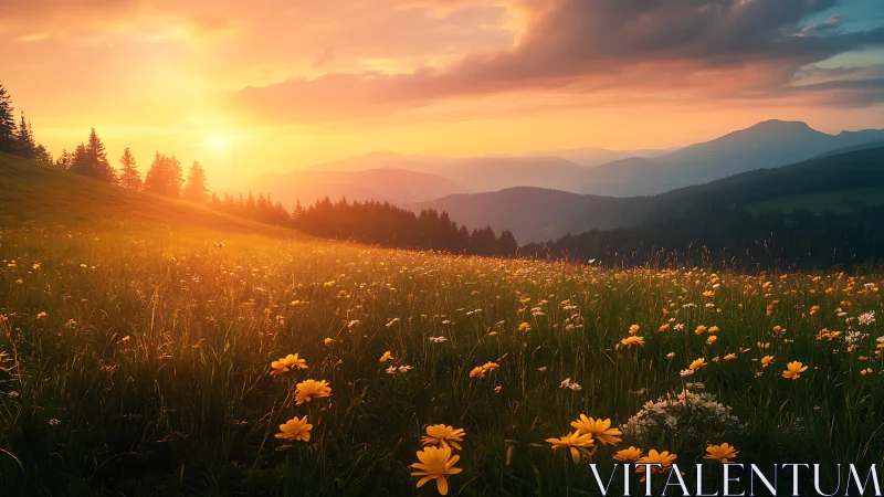 Sunset over wildflower meadow and distant mountain ridges.