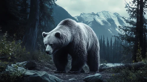 Grizzly bear on forest trail before distant snowy peaks.