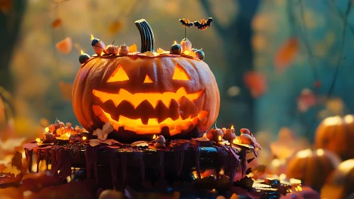 Illuminated jack-o-lantern pumpkin with autumnal decorative elements and bats