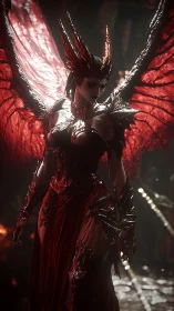 Demonic winged queen stands in molten cavern light