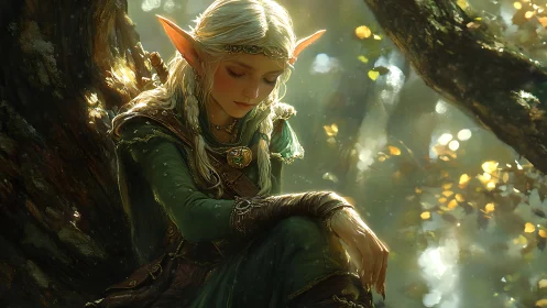 Elf maiden rests in dappled forest light at golden hour.