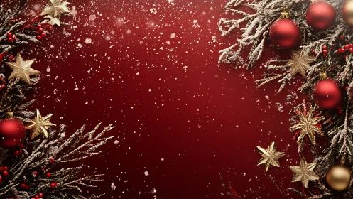 Festive red Christmas border glows with ornaments and snow