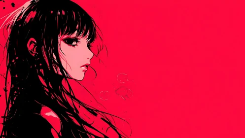 Moody anime girl gazes into bold red space with quiet resolve