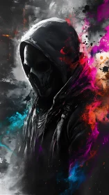 Hooded reaper strides through neon splashes of chaos.