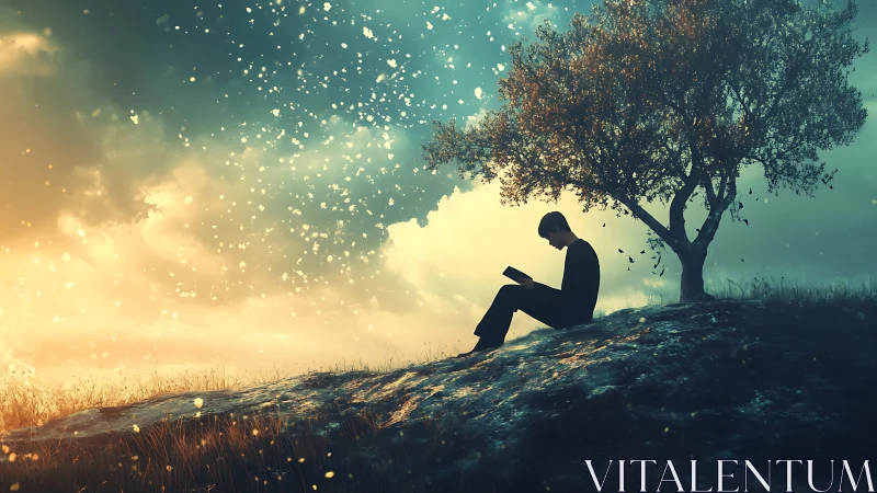 Solitary reader under glowing tree amid drifting light