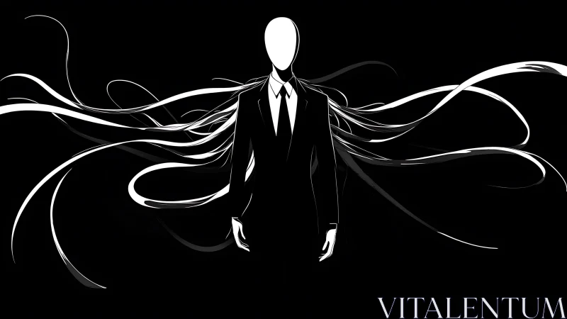 Faceless suited figure with tentacle-like shadow limbs in dark