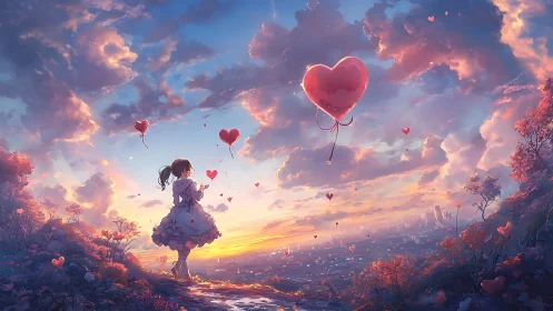 Girl With Heart Balloons at Sunset.