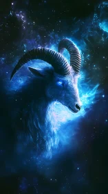 Celestial blue ram with glowing eyes in deep space.