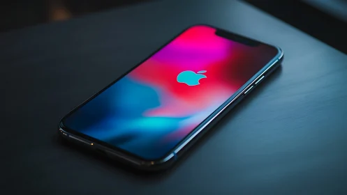 Luminous iPhone with Gradient Display Wallpaper Against Metallic Surface.