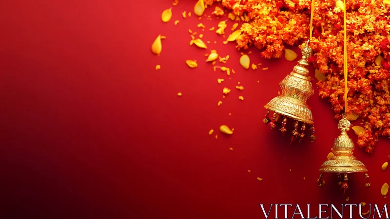 Gold temple bells with marigold petals on red background.