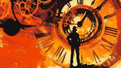 Time traveler stands within glowing swirling clockwork dream.