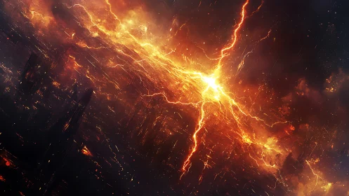 Fiery cosmic storm with explosive lightning fracture.