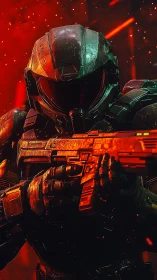 Armored sci fi soldier aiming rifle in molten red light.