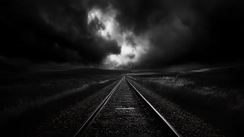 Storm-dark railway vanishes into a distant, ominous horizon