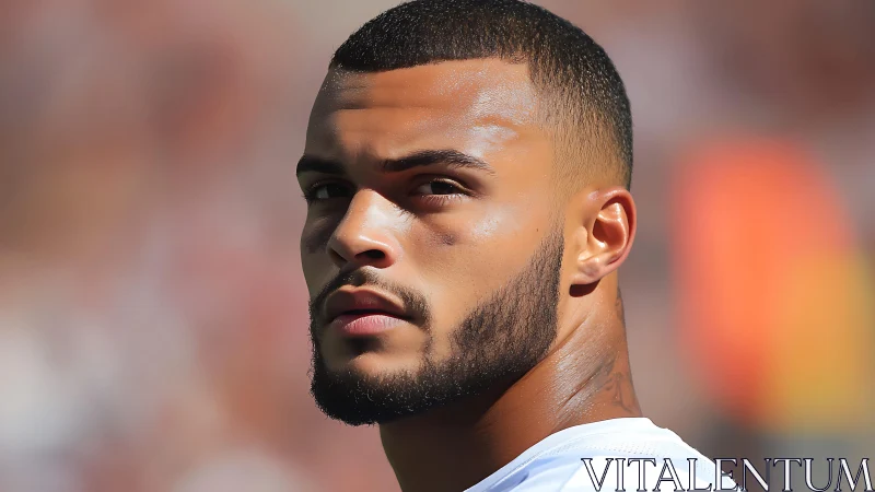 Focused athlete gazes into distance under warm stadium light
