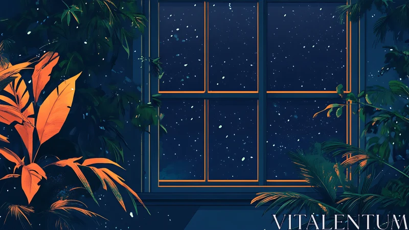 Window with orange frame overlooks night sky and foliage