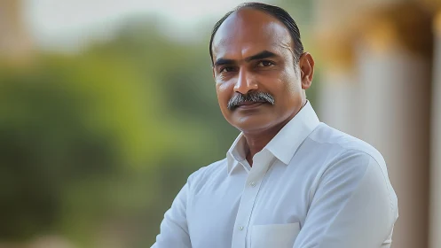 Confident middle-aged man in white shirt outdoors portrait.