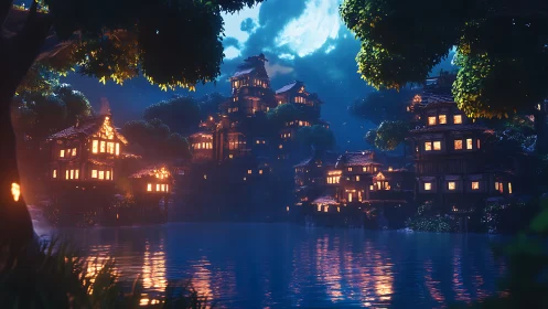 Digital painting of terraced lakeside village at moonlit dusk.