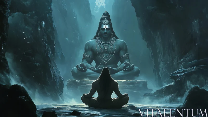 Silent cavern breathes while yogi communes with colossal deity