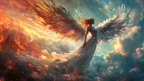 Radiant angel rises between firelit storm clouds and calm sky