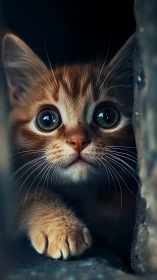 Tabby Cat with Blue Eyes Peering from Shadow.