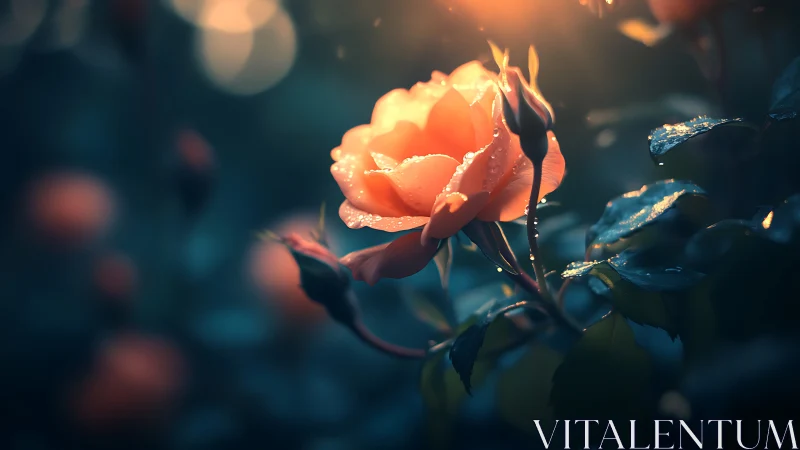 Orange rose with dew drops backlit in warm golden light