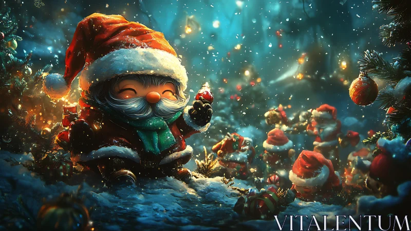 Festive gnome leads glowing winter forest Christmas parade.