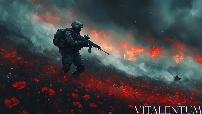 Soldier crossing burning poppy field under storm sky.