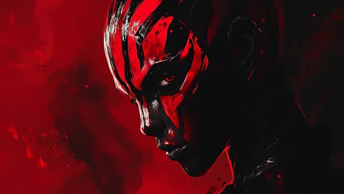 Red-masked warrior glares through high-contrast shadows