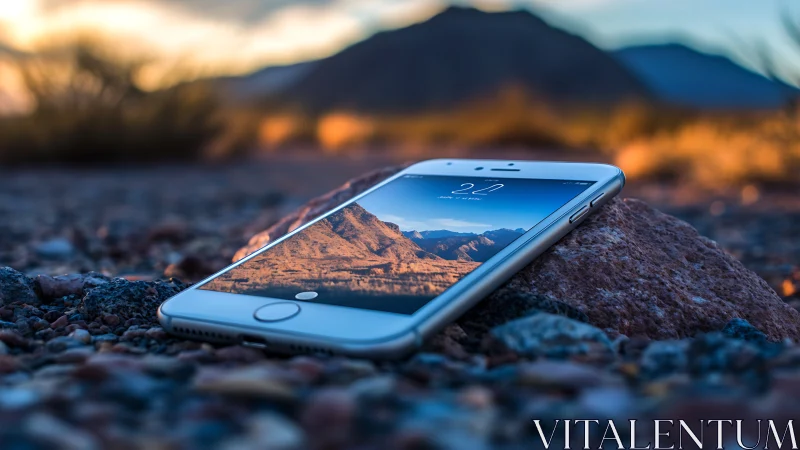 White smartphone on rocky terrain with mountain backdrop.