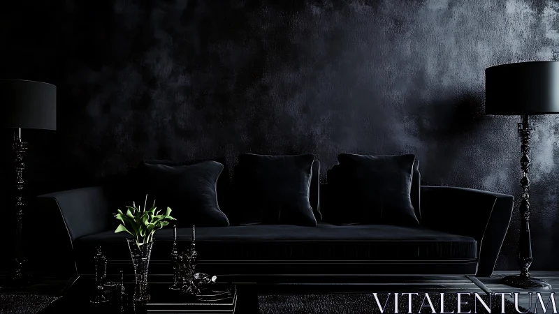 Monochrome black living room highlights low key contrast and texture