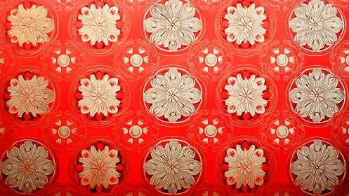Ornate golden floral pattern on vibrant red wallpaper background.